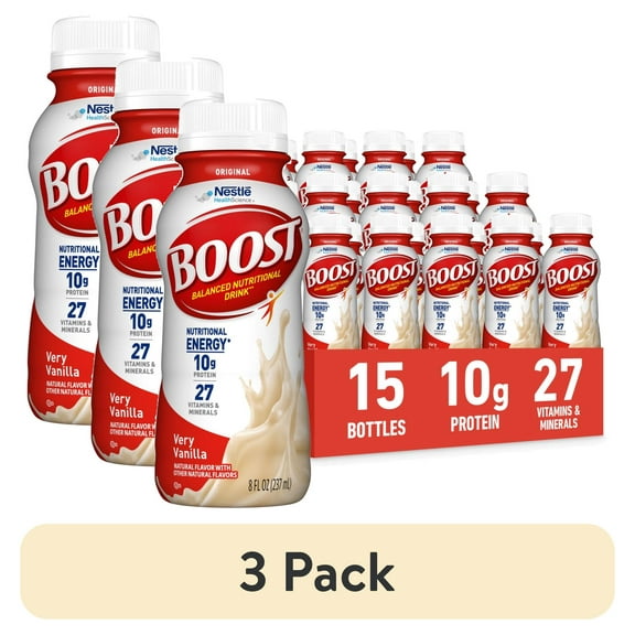 (3 pack) BOOST Original Balanced Nutritional Drink Protein Shakes, Very Vanilla, 8 fl oz, 15 Pack