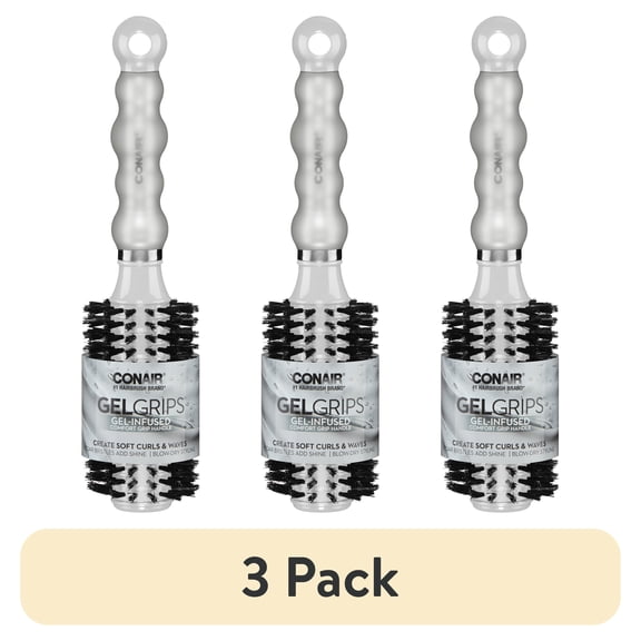 (3 pack) Conair Hair Brush with Boar Bristle, Gel Grips, Medium, Round, Assorted Colors
