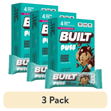 (3 pack) BUILT Puff Protein Bar, Cookie Dough Chunk, 15g Protein, Collagen, 160 Calories, 4 Count Box, 1.55 oz Bars