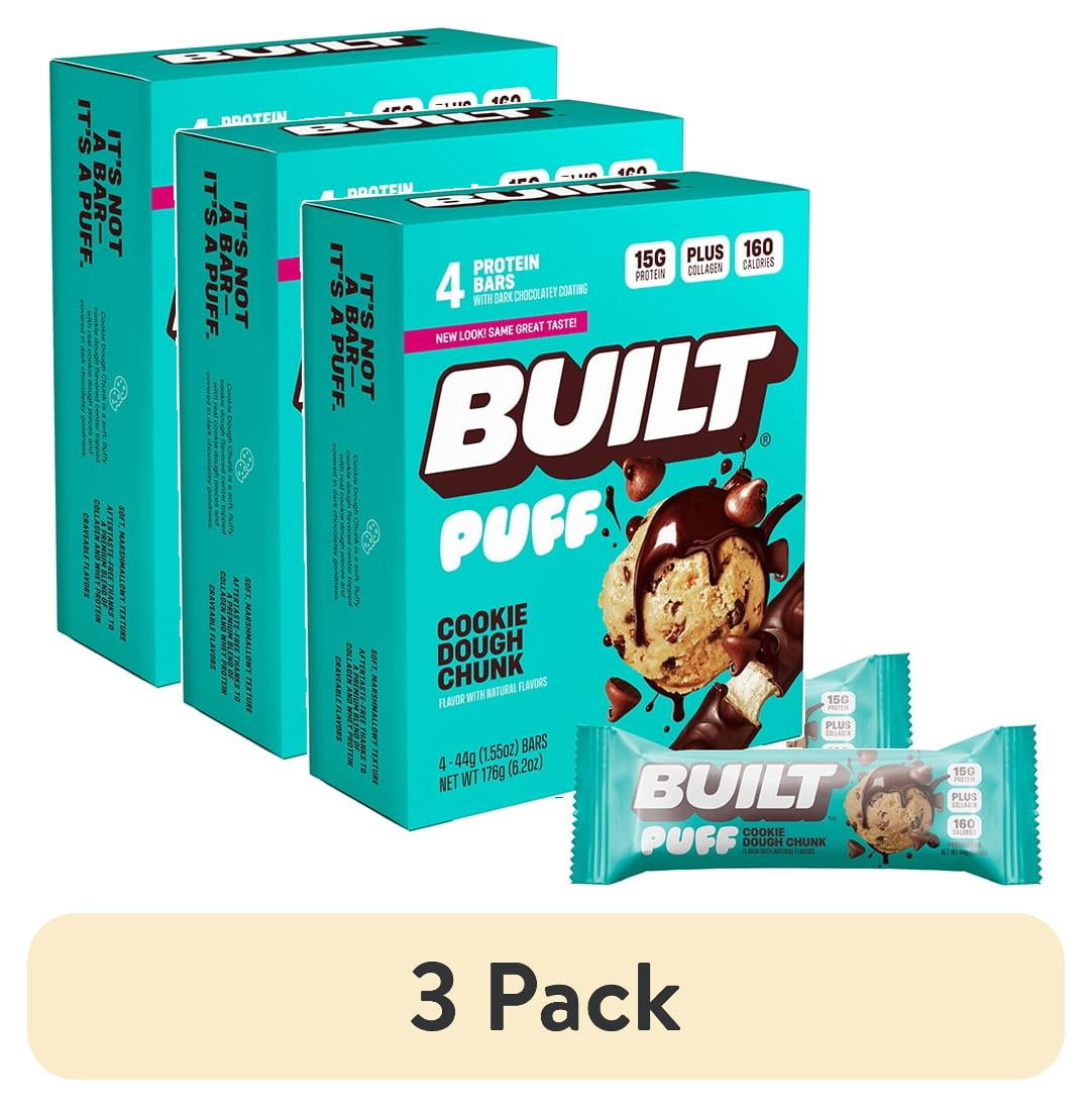 (3 pack) BUILT Bar Protein Bar, Cookie Dough Chunk Puff, 15g Protein, Collagen, 4 Count Box, 1.55 oz Bars