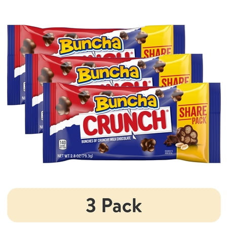 (3 pack) Buncha CRUNCH Candy, Pieces of Creamy Milk Chocolate with Crisped Rice, Share Pack, 2.8 oz