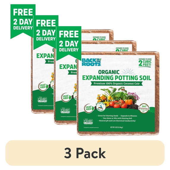 (3 pack) Back to the Roots Organic Coco Coir Value Pack, 10 lb Compressed Bag