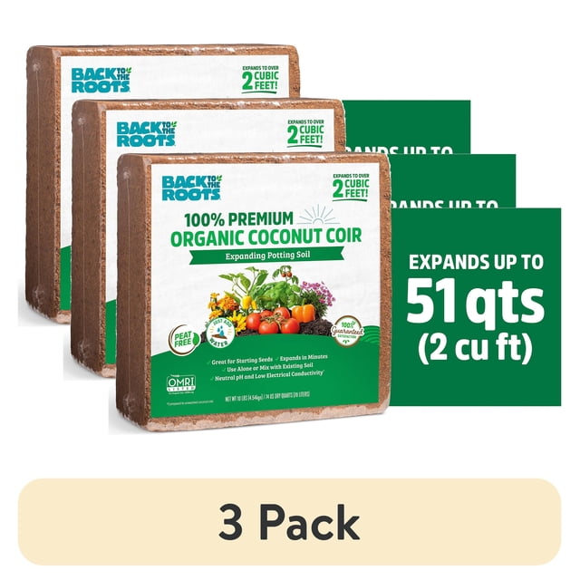 (3 pack) Back to the Roots Organic Coconut Coir Brick, 10 lb Compressed ...