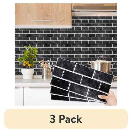(3 pack) Backsplash Tile for Kitchen Peel and Stick, 12-Sheet Stick on Subway Tiles for Kitchem, Bathroom Back Splashes, 11.8" x 5.9", Black