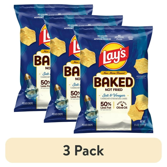 (3 pack) Baked Lay’s 50% Less Fat Salt & Vinegar Potato Chips Bag, 6.25 oz