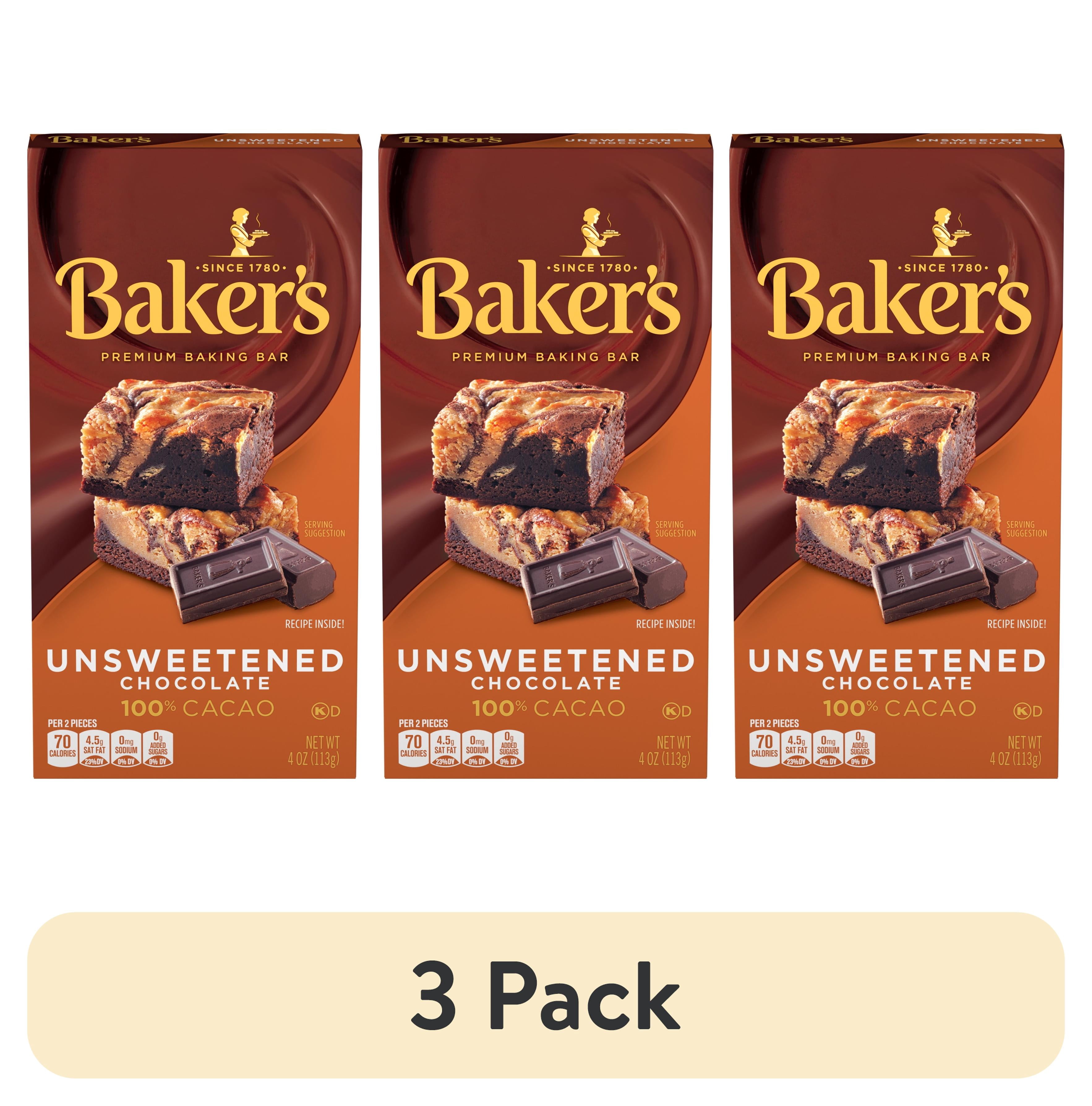 (3 pack) Baker's Unsweetened Chocolate Premium Baking Bar with 100 % Cacao, 4 oz Box