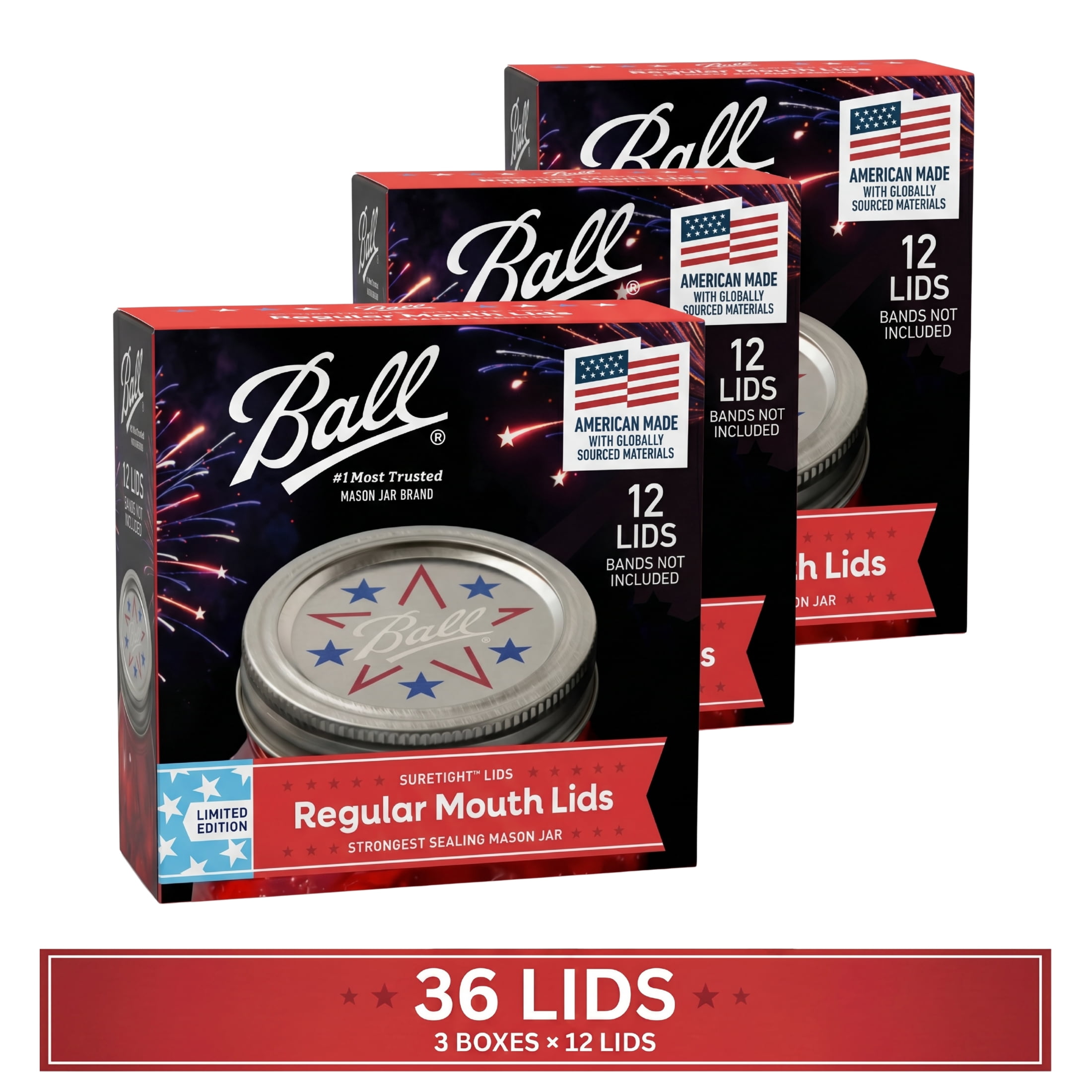 (3 pack) Ball Limited Edition Americana Mason Jar Lids, Regular Mouth Lids for Mason Jars, 12 Pack