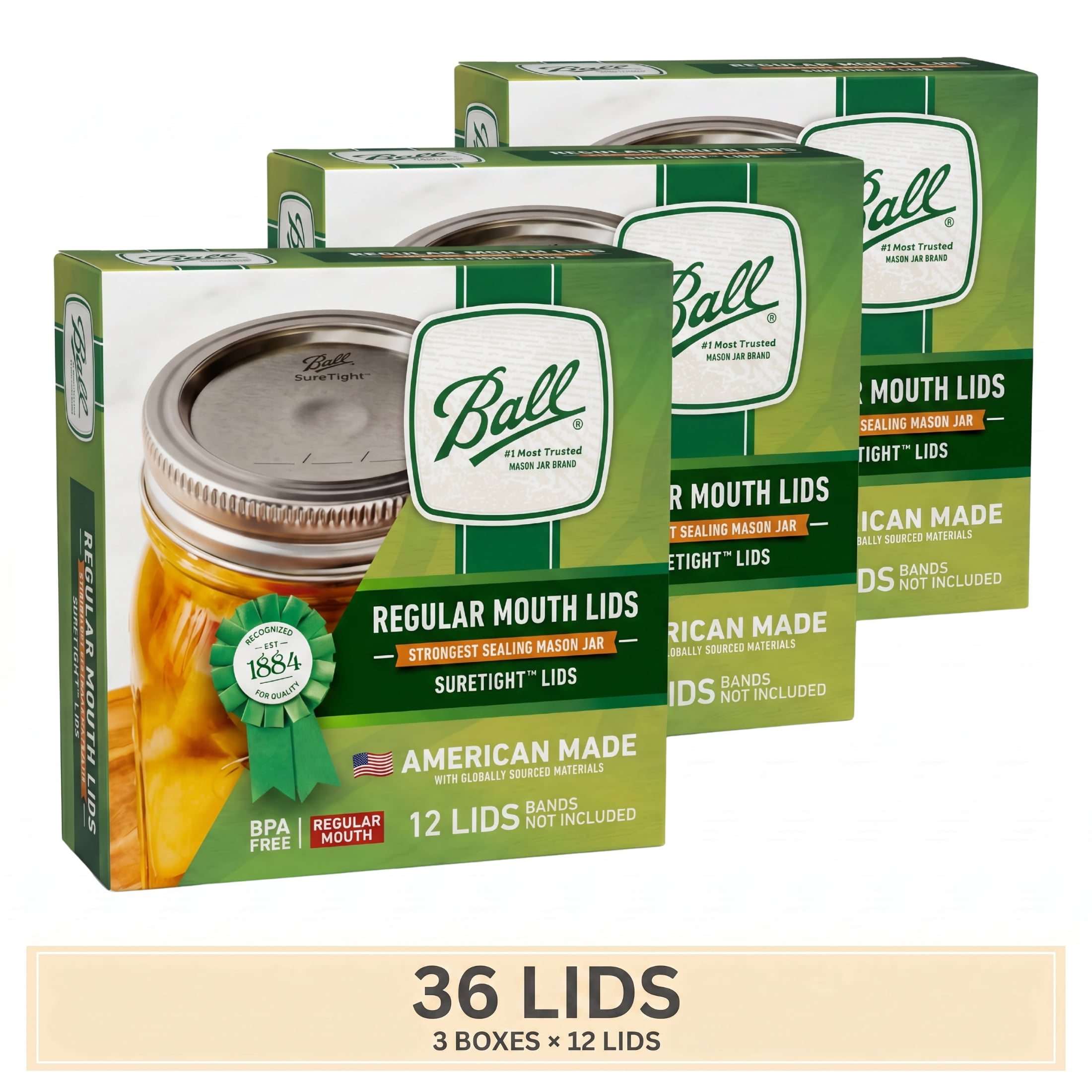 (3 pack) Ball Regular Mouth Mason Jar Lids, 12 Count