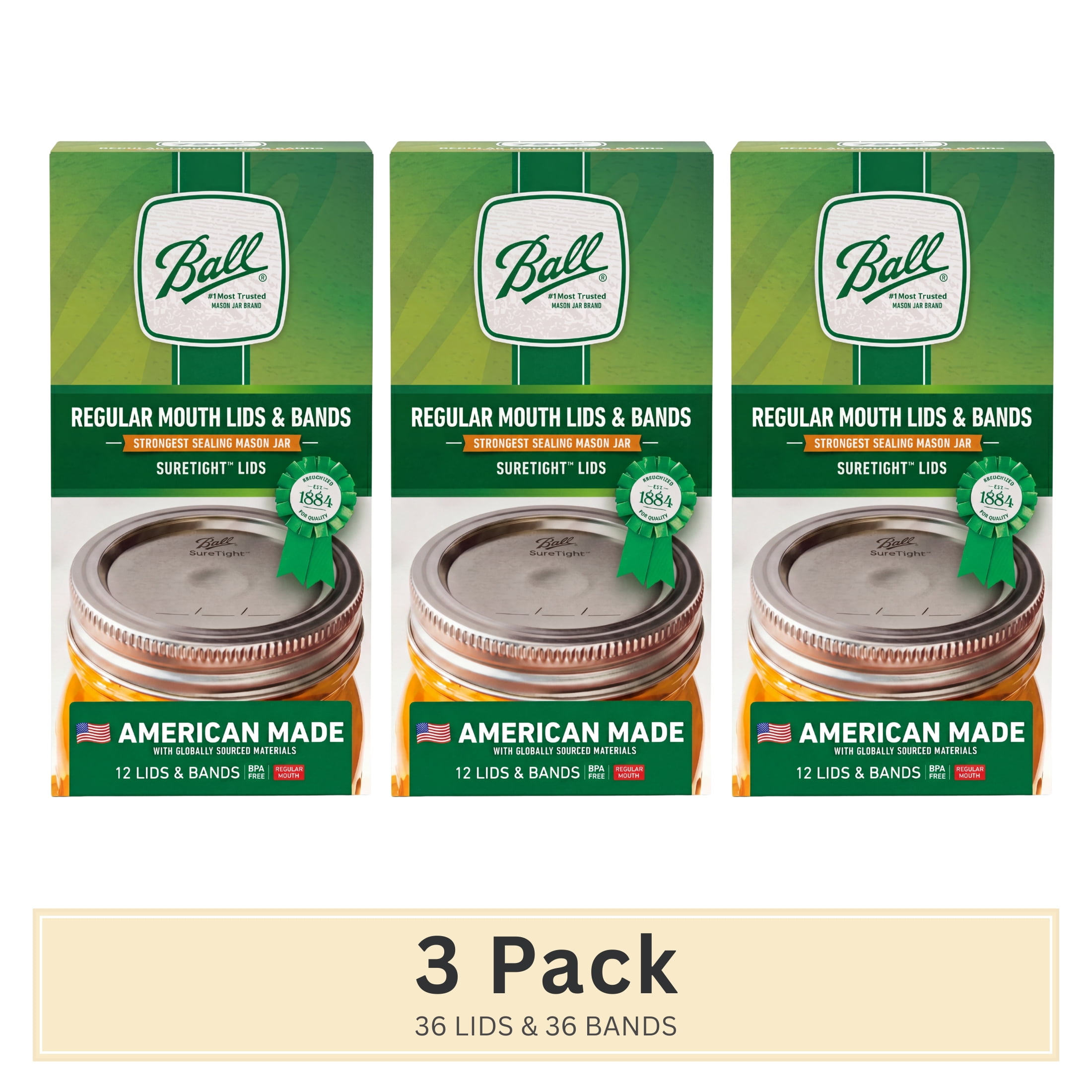 (3 pack) Ball Regular Mouth Jar Lids and Bands, 12 Count