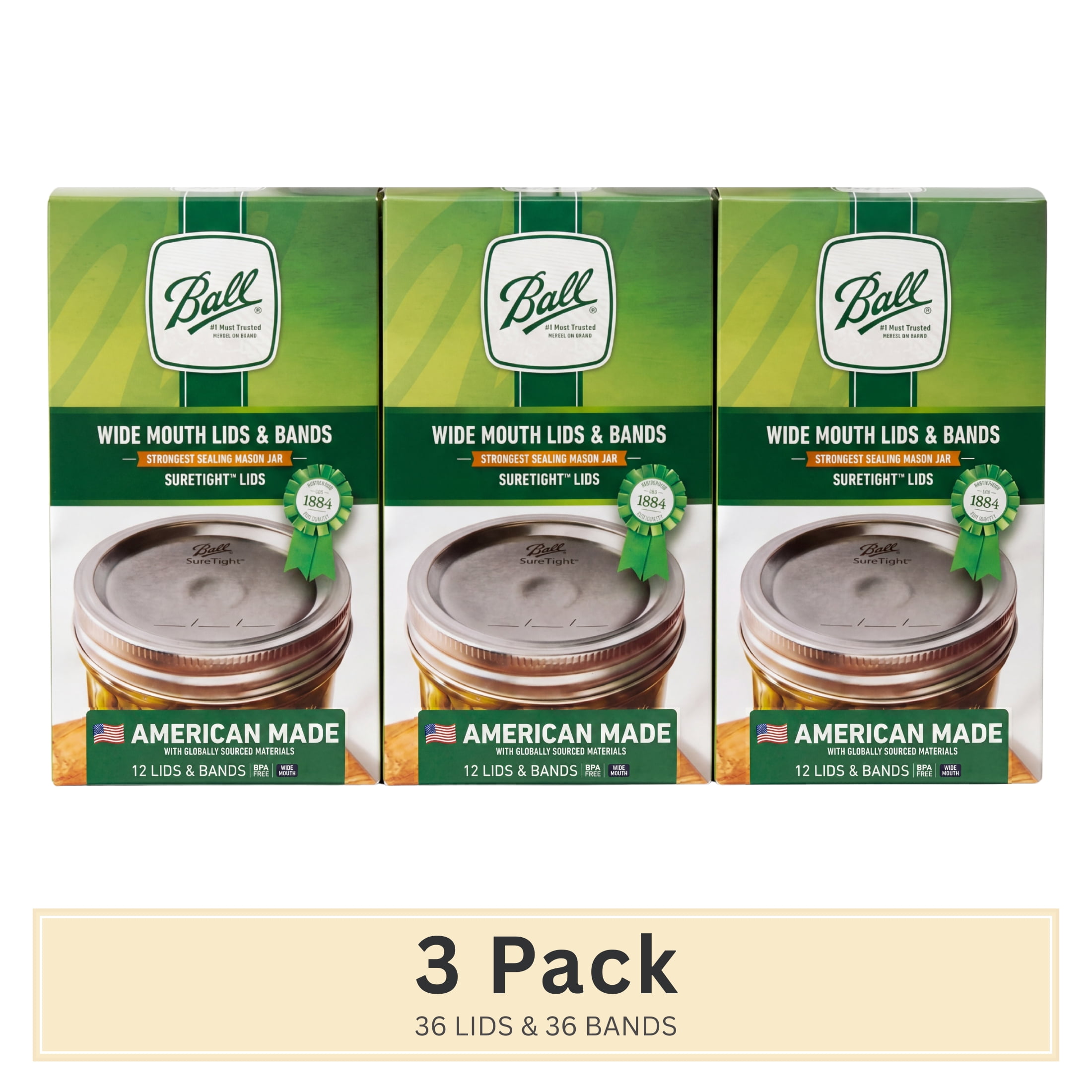 (3 pack) Ball, Wide Mouth Lids with Bands, BPA Free, 12 Count