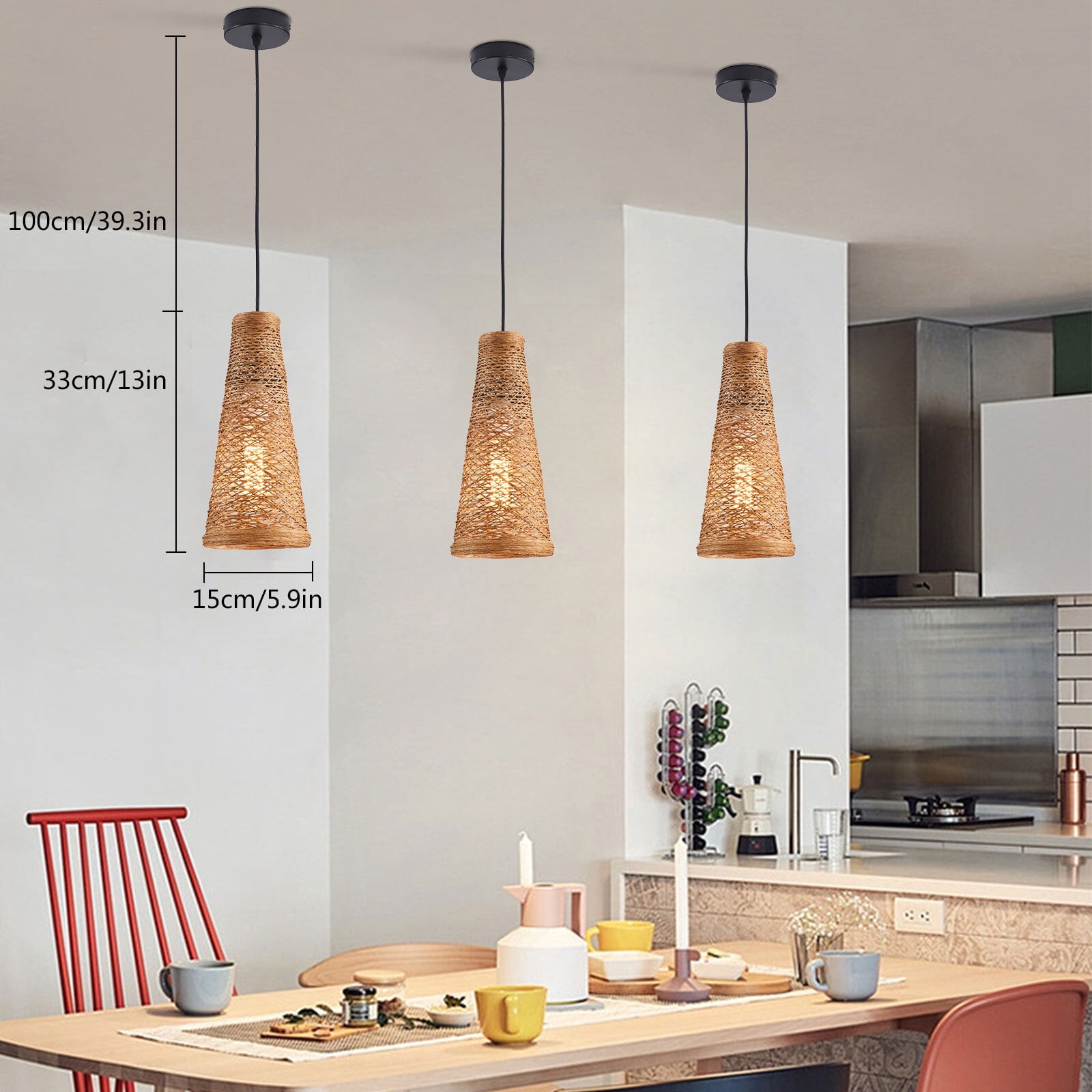 3-pack Bamboo Wicker Rattan Shade Pendant Light Fixture Art Hanging ...