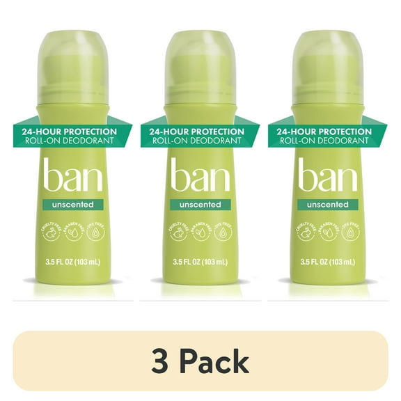 (3 pack) Ban Invisible Roll-on Antiperspirant Deodorant for Women and Men, Unscented, 3.5 oz