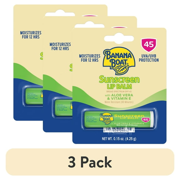 (3 pack) Banana Boat Lip Balm SPF 45, Travel Sunscreen Lip Balm, with Aloe Vera & Vitamin E, 1 Ct, 0.15 oz