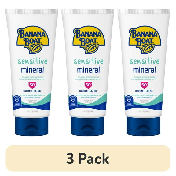 (3 pack) Banana Boat Sensitive 100% Mineral Sunscreen Lotion SPF 50, Adult Sensitive Skin Sunscreen, 6 fl oz