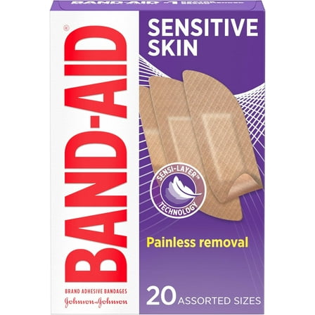 (3 pack) Band-Aid Brand Adhesive Bandages for Sensitive Skin, Assorted, 20 Count