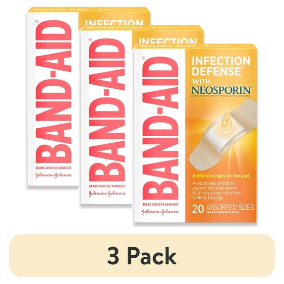 (3 pack) Band-Aid Brand Bandages with Neosporin Antibiotic, Assorted Sizes, 20 Count