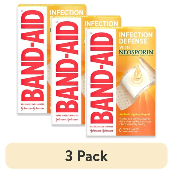 (3 pack) Band-Aid Brand Bandages with Neosporin Antibiotic, Extra Large, 8 Count