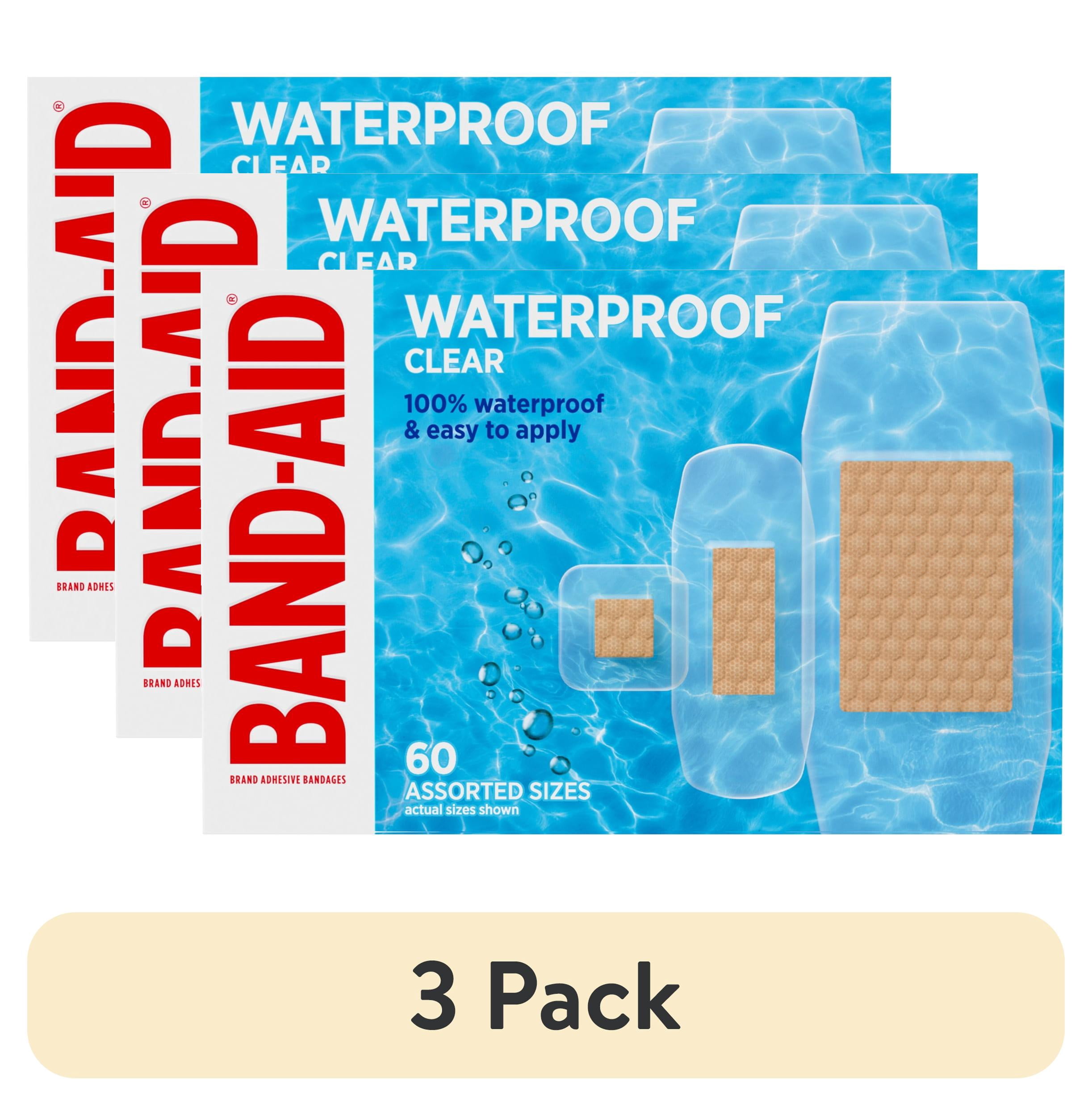 (3 pack) Band-Aid Brand Clear Waterproof Adhesive Bandages, Assorted, 60 Count