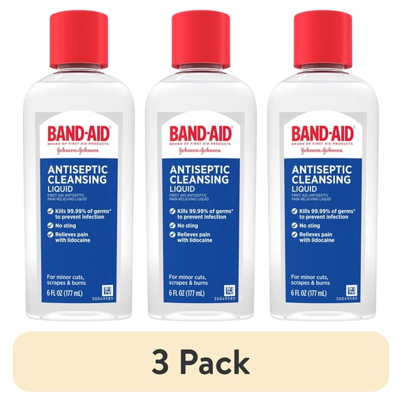 (3 pack) Band-Aid Brand Pain Relieving Antiseptic Cleansing Liquid, 6 fl. oz