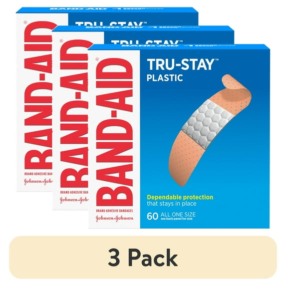 (3 pack) Band-Aid Brand Tru-Stay Plastic Adhesive Bandages, All One Size, 60 Ct