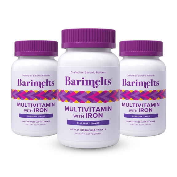 (3 pack) Barimelts Bariatric Multivitamin with Iron, Fast-Melting Tabs, Sugar-Free, Blueberry, Post-WLS, 60 Ct