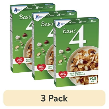 (3 pack) Basic 4 Heart Healthy Cereal, Fruit and Nut Fiber Cereal with Whole Grain, 19.8 oz