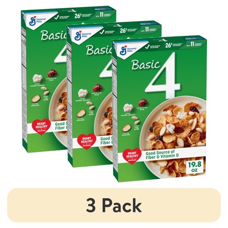(3 pack) Basic 4 Heart Healthy Cereal, Fruit and Nut Fiber Cereal with Whole Grain, 19.8 oz