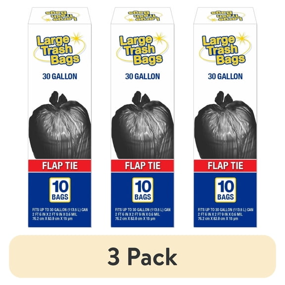 (3 pack) Basic Large Trash Bags, 30 Gallon, Flap Tie, 10 Bags