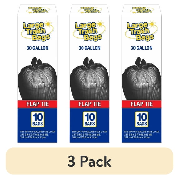 (3 pack) Basic Large Trash Bags, 30 Gallon, Flap Tie, 10 Bags
