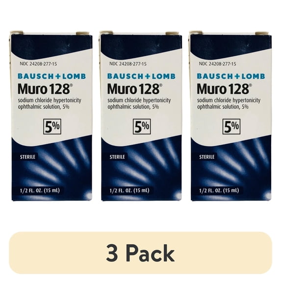 (3 pack) Muro 128 5% Sodium Chloride Hypertonicity Ophthalmic Solution, from Bausch + Lomb, 0.5 Fl Oz (15 mL)
