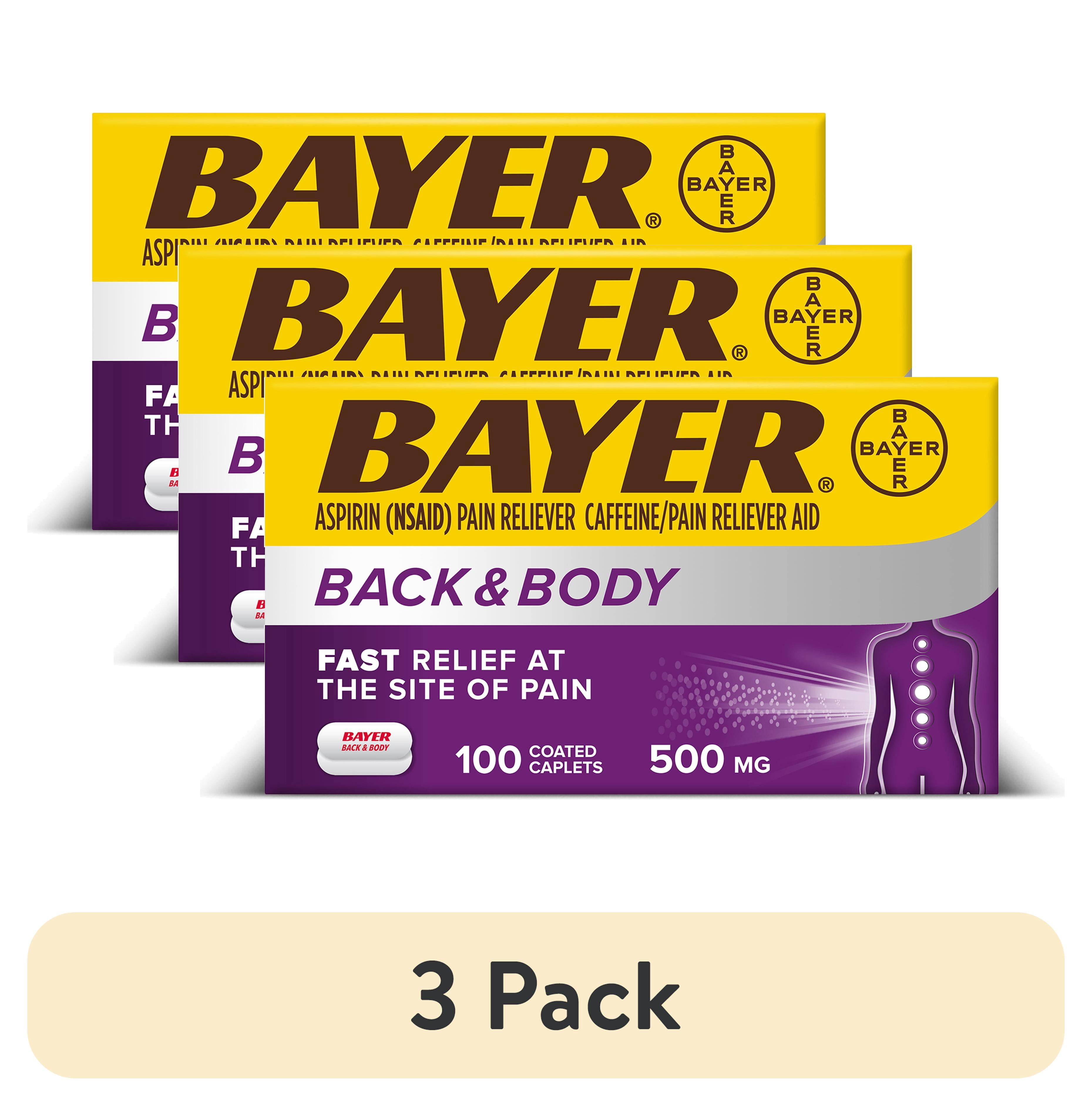 (3 pack) Bayer Back and Body Extra Strength Aspirin 500mg, Aspirin Plus 32.5 mg Caffeine Pain Reliever, Powerful Back and Body Pain Relief, 100 Coated Caplets