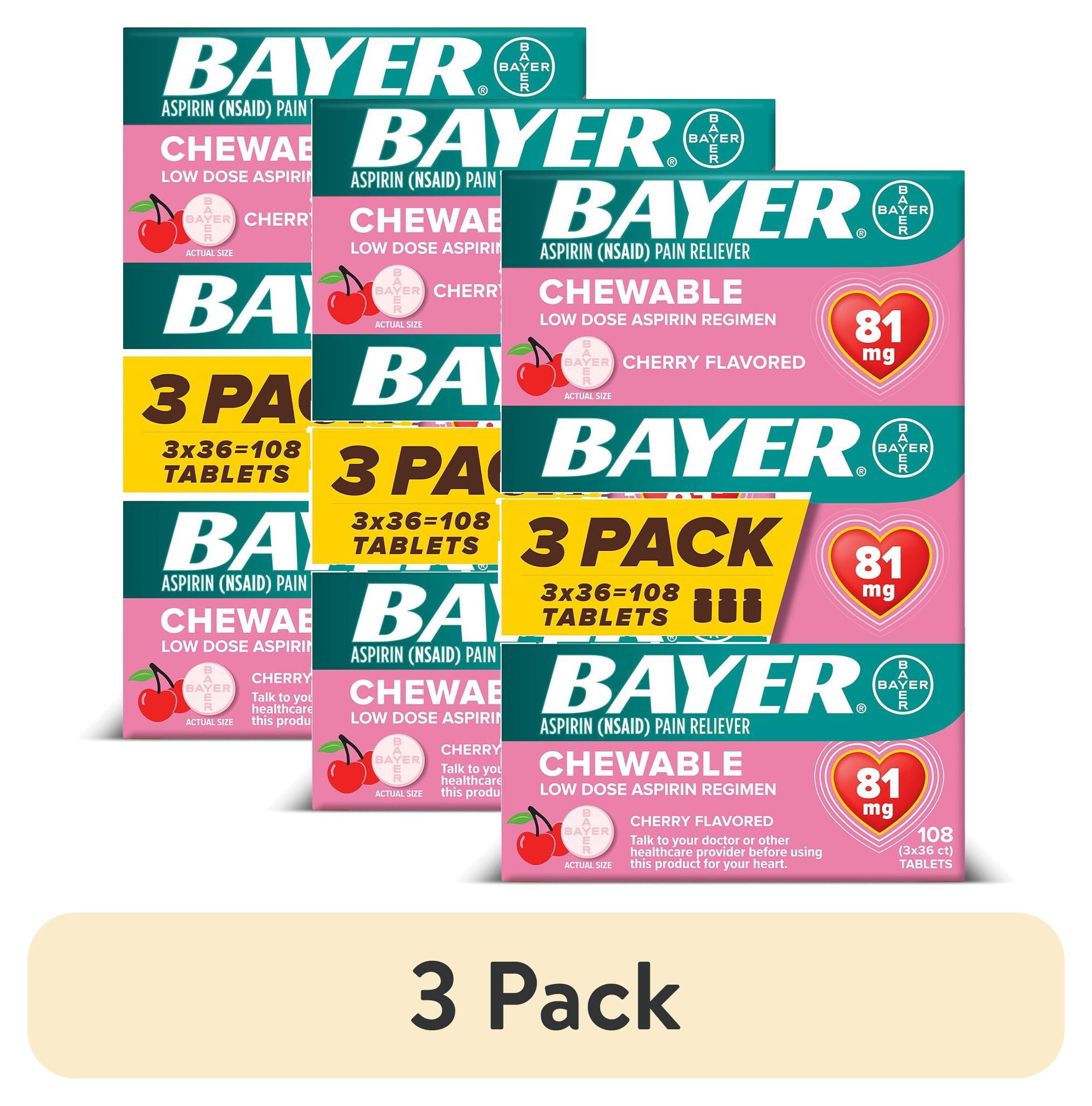 (3 pack) Bayer Chewable Aspirin Regimen Low Dose Pain Reliever Tablets, 81mg, Cherry, 108 Count