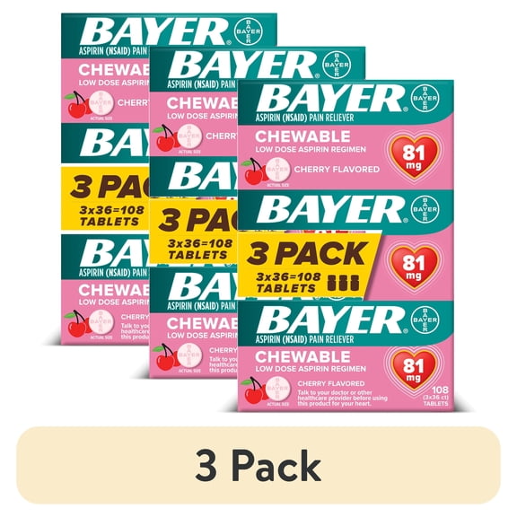 (3 pack) Bayer Chewable Aspirin Regimen Low Dose Pain Reliever Tablets, 81mg, Cherry, 108 Count