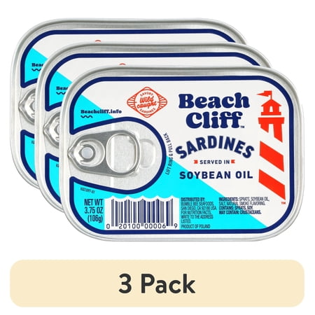 (3 pack) Beach Cliff Wild Caught Sardines in Soybean Oil, Gluten Free, 14g Protein Per Serving, Shelf Stable Tin Can, 3.75 oz