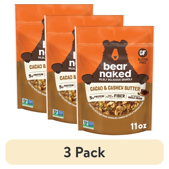 (3 pack) Bear Naked Cacao & Cashew Butter Granola, 5g Protein, Fiber Bag, 11 oz