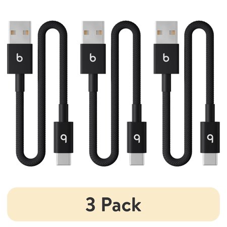 (3 pack) Beats USB-A to USB-C Woven Short Cable (20 cm) - Bolt Black