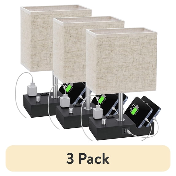 (3 pack) GPED Bedside Table Lamp for Bedroom with Dual Fast USB Charging Ports, Fully Dimmable Nightstand Lamps with 2 Phone Stands and 2 Charging Outlets, Desk lamp with Fabric Shade for Living Room