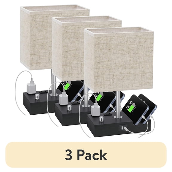 (3 pack) GPED Bedside Table Lamp for Bedroom with Dual Fast USB Charging Ports, Fully Dimmable Nightstand Lamps with 2 Phone Stands and 2 Charging Outlets, Desk lamp with Fabric Shade for Living Room