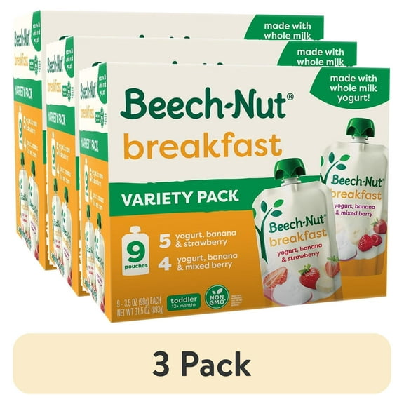 (3 pack) Beech-Nut Fruit &YogurtBaby FoodPouches, Breakfast Variety Pack, 3.5 oz Pouch (9 Pack)