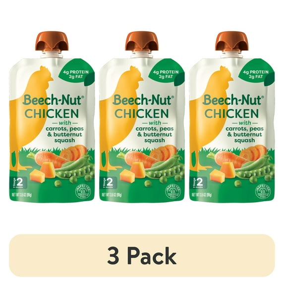 (3 pack) Beech-Nut Chicken Stage 2 Baby Food, Chicken Carrots Peas & Butternut Squash, Puree Meat Baby Food Pouch, 3.5 oz Pouch