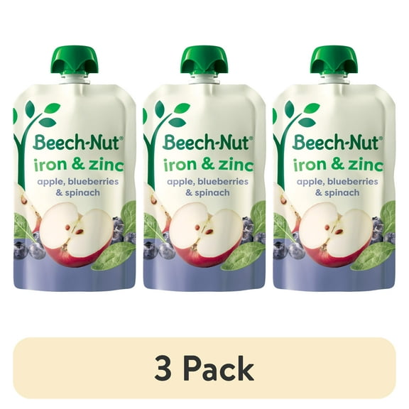 (3 pack) Beech-Nut Iron & Zinc Stage 4 Toddler Food, Apple Blueberry & Spinach, 3.5 oz Pouch