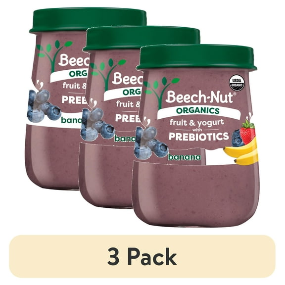 (3 pack) Beech-Nut Organics Fruit & Yogurt Baby Food + Prebiotics, Banana Berry, Stage 2, 4oz Jar