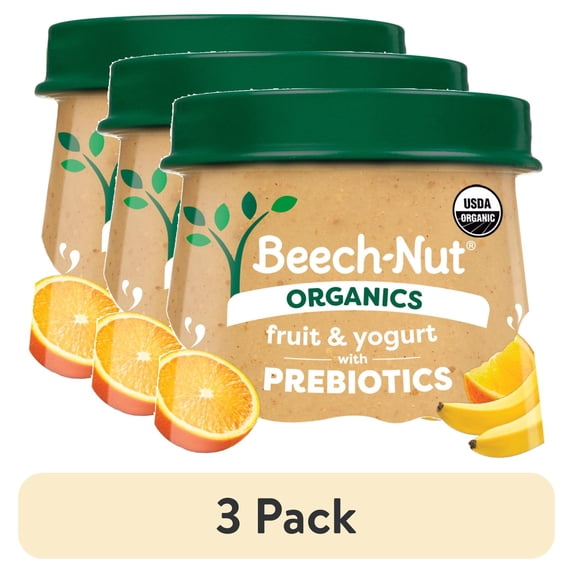 (3 pack) Beech-Nut Organics Fruit & Yogurt Baby Food + Prebiotics, Banana Orange, Stage 2, 4oz Jar