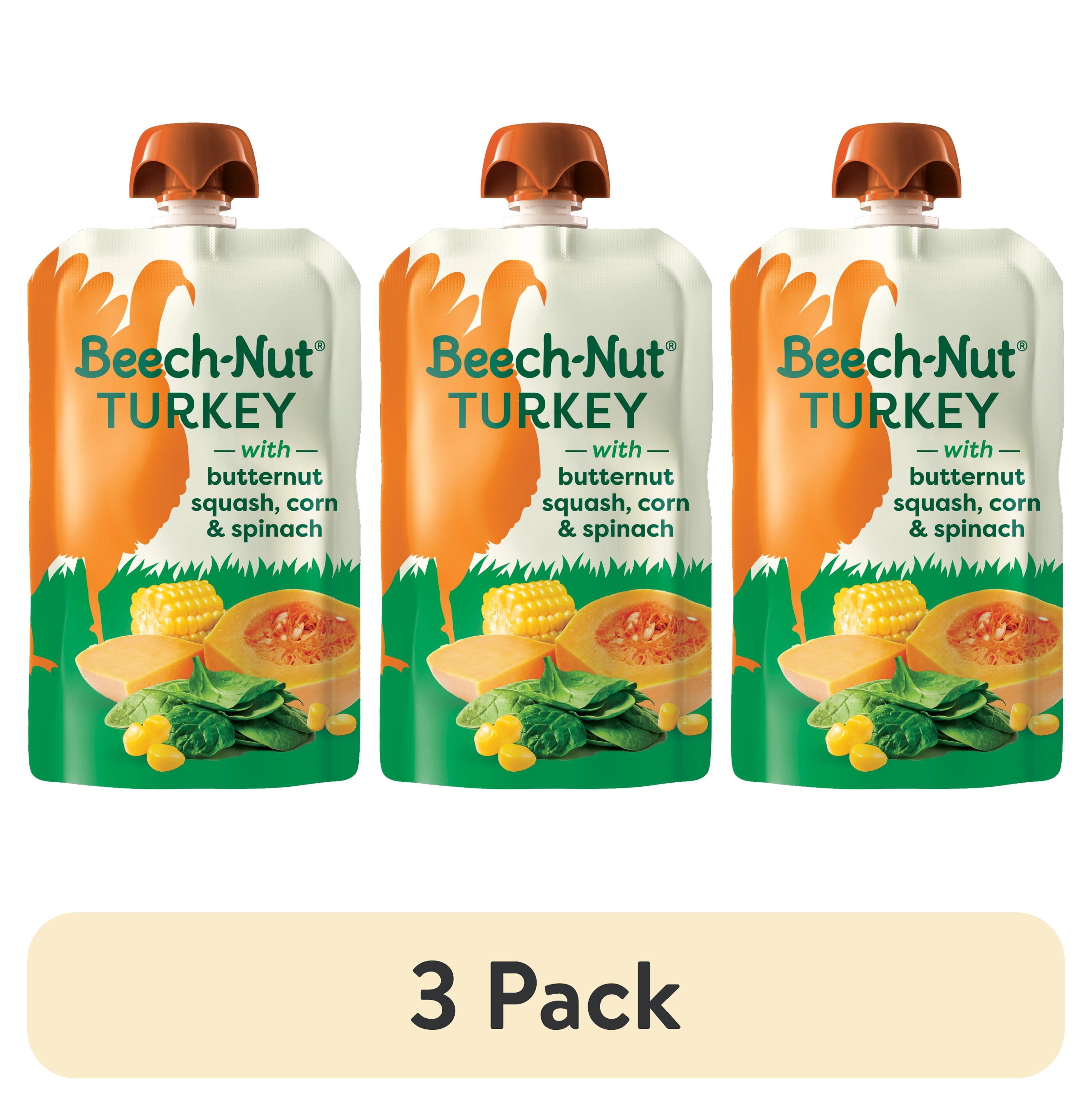 (3 pack) Beech-Nut Turkey Stage 2 Baby Food, Turkey Butternut Squash Corn & Spinach, Puree Meat Baby Food Pouch, 3.5 oz Pouch