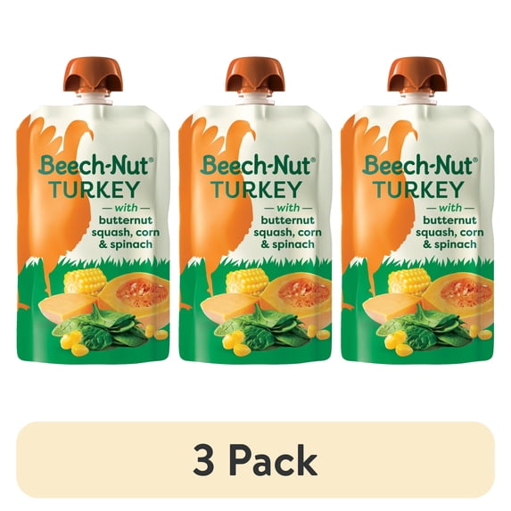 (3 pack) Beech-Nut Turkey Stage 2 Baby Food, Turkey Butternut Squash Corn & Spinach, Puree Meat Baby Food Pouch, 3.5 oz Pouch