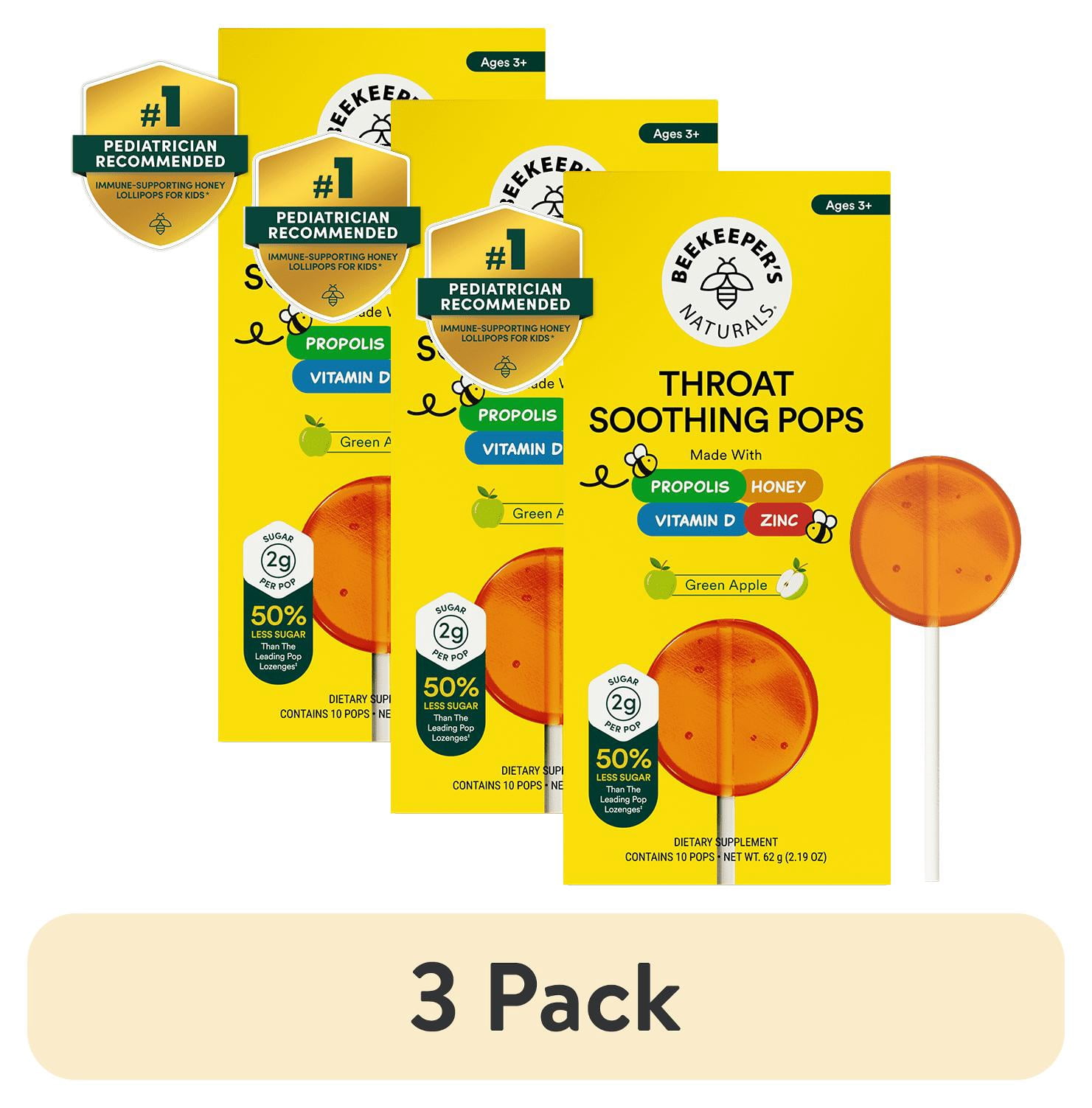 (3 pack) Beekeeper's Naturals Kids Green Apple Throat Soothing Lollipops with Propolis and Vitamin D, 10 Count
