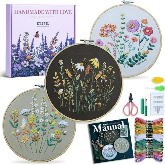 3 pack Beginner Embroidery Kits for Adults, DIY Starter Set with Stamped Flower Designs, Embroidery Hoop, Colorful Threads, Tools, Step-by-Step Instructions & Video Tutorial