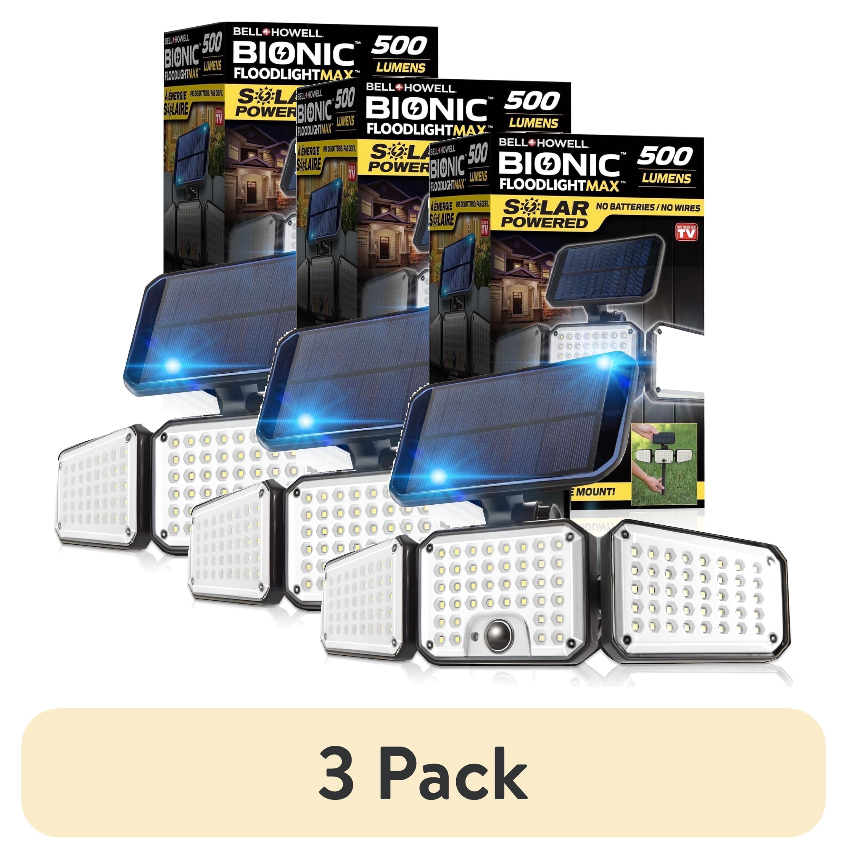 (3 pack) Bell+Howell Bionic Flood Light AS SEEN ON TV, 500 Lumen Deluxe Version Bionic Floodlight, LED Solar Flood Lights Outdoor Motion Sensor Waterproof Solar Security Lights with 360° 3 Panel Design