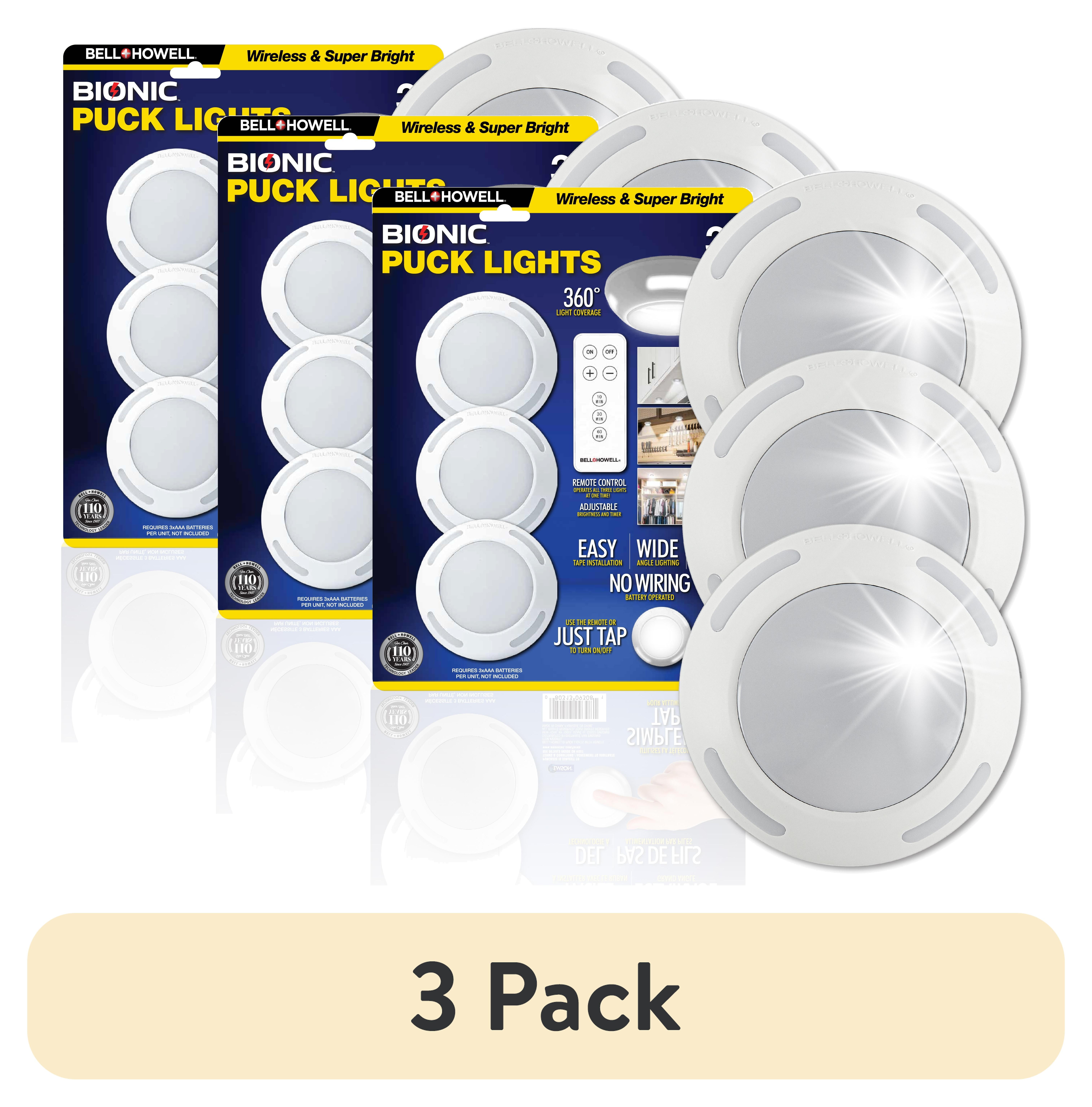 (3 pack) Bell and Howell Puck Lights Under Cabinet Lighting 3 Pack LED Bulbs with Remote Control
