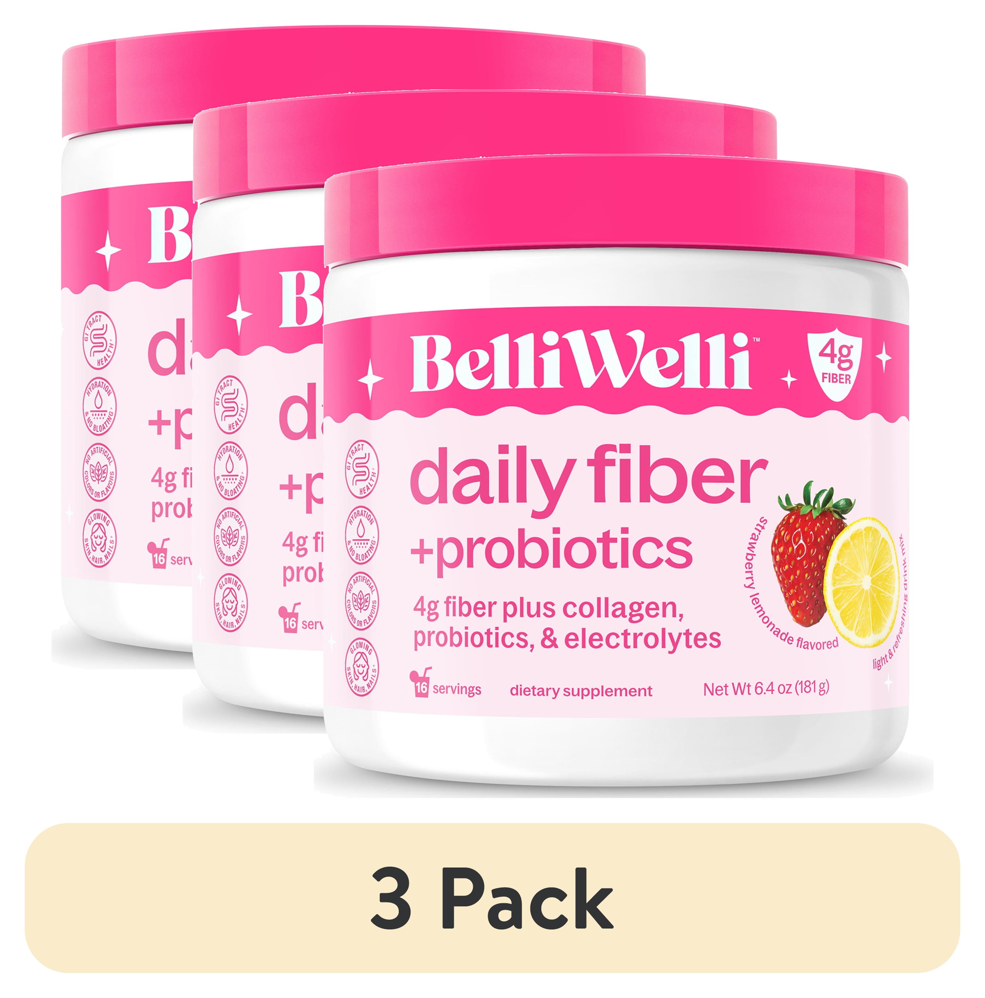 (3 pack) BelliWelli Daily Fiber Supplement with Probiotics, Electrolytes, and Collagen - Strawberry Lemonade, 6.4 oz